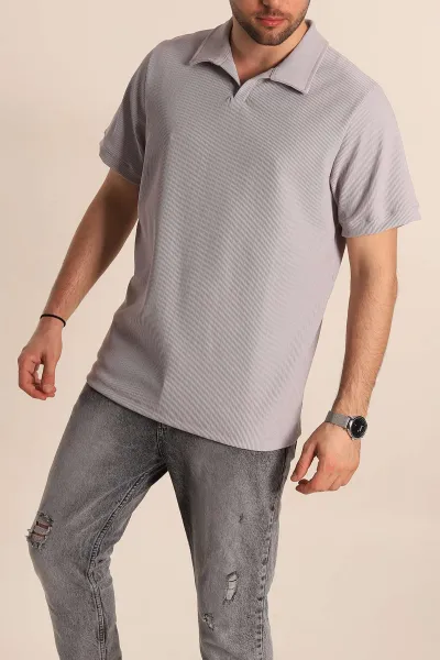 Gri Regular Fit Fitilli Doku Patlı Polo Yaka Erkek Tişört 270580