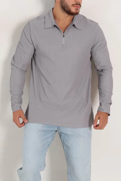 Gri Regular Fit Fitilli Doku Polo Yaka Sweatshirt 299828