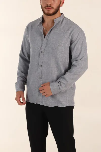 Gri Regular Fit Hakim Yaka Uzun Kollu Erkek Gömlek 370041