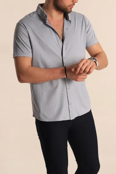 Gri Regular Fit Jakarlı Çıt Çıt Düğmeli Kısa Kollu Erkek Gömlek 263729