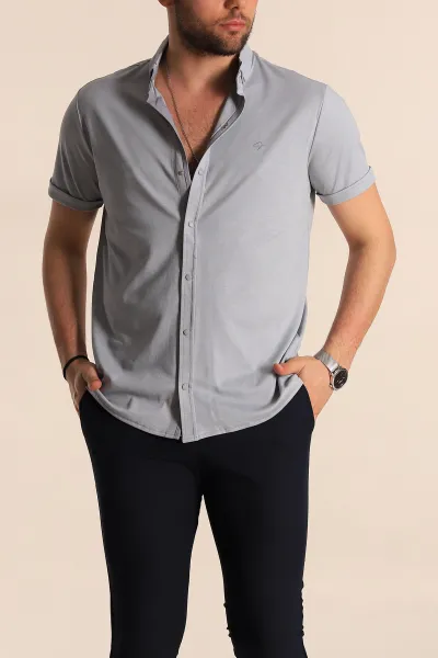 Gri Regular Fit Jakarlı Çıt Çıt Düğmeli Kısa Kollu Erkek Gömlek 263729