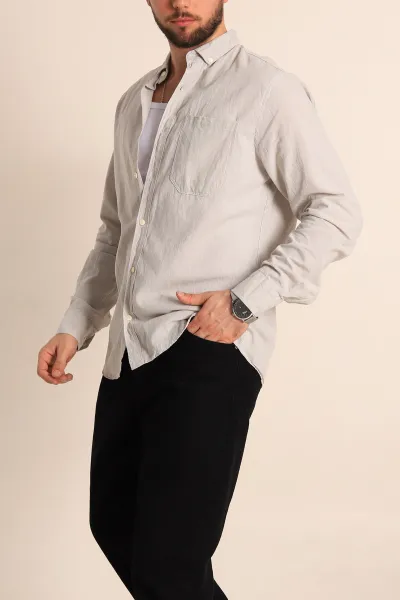 Gri Regular Fit Keten Tek Cep Detaylı Uzun Kollu Erkek Gömlek 244753