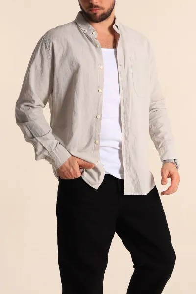 Gri Regular Fit Keten Tek Cep Detaylı Uzun Kollu Erkek Gömlek 244753