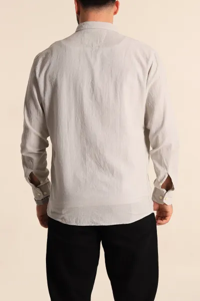 Gri Regular Fit Keten Tek Cep Detaylı Uzun Kollu Erkek Gömlek 244753