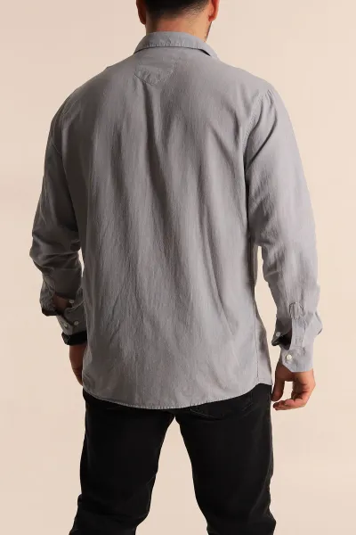 Gri Regular Fit Keten Tek Cep Detaylı Uzun Kollu Erkek Gömlek 267484