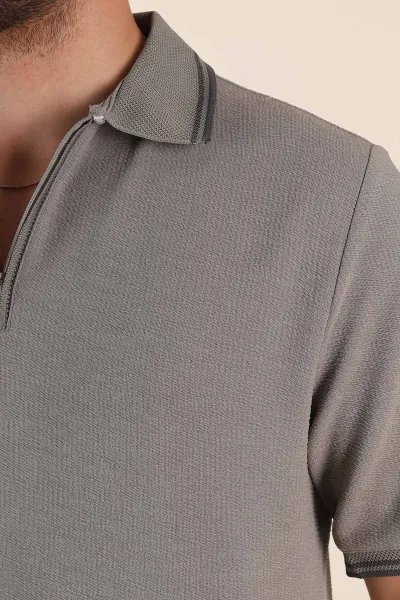 Gri Regular Fit Likralı Çizgili Polo Yaka Erkek Tişört 368734
