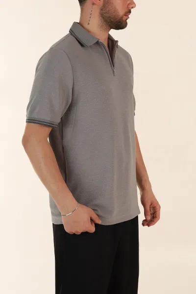 Gri Regular Fit Likralı Çizgili Polo Yaka Erkek Tişört 368734