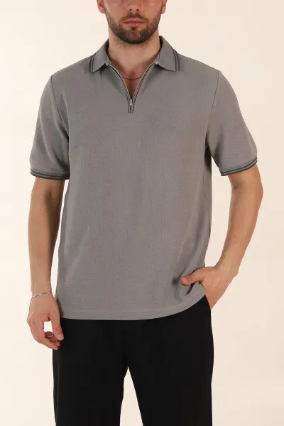 Gri Regular Fit Likralı Çizgili Polo Yaka Erkek Tişört 368734