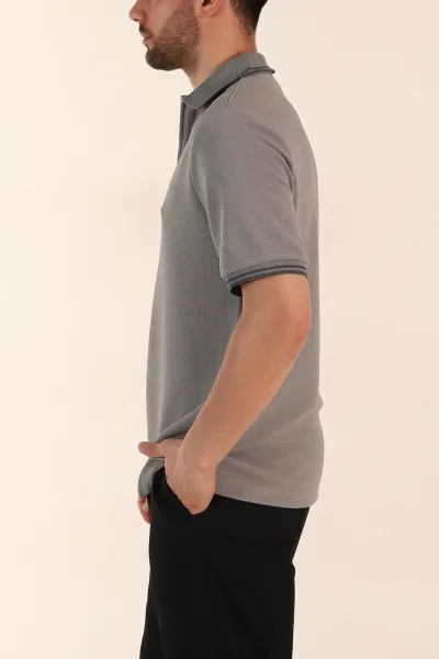 Gri Regular Fit Likralı Çizgili Polo Yaka Erkek Tişört 368734