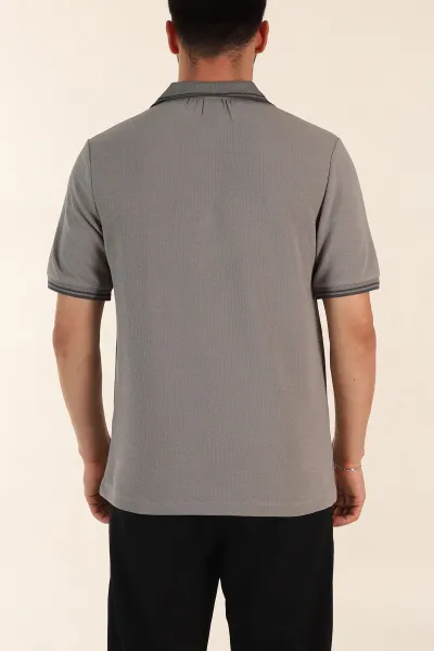 Gri Regular Fit Likralı Çizgili Polo Yaka Erkek Tişört 368734