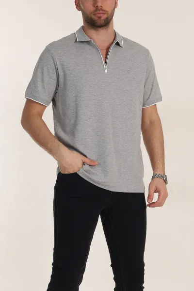 Gri Regular Fit Petek Dokulu Polo Yaka Erkek Tişört 349899