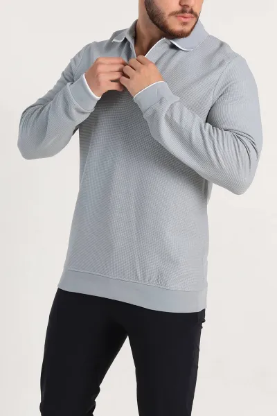 Gri Regular Fit Pike Dokulu Polo Yaka Sweatshirt 305447