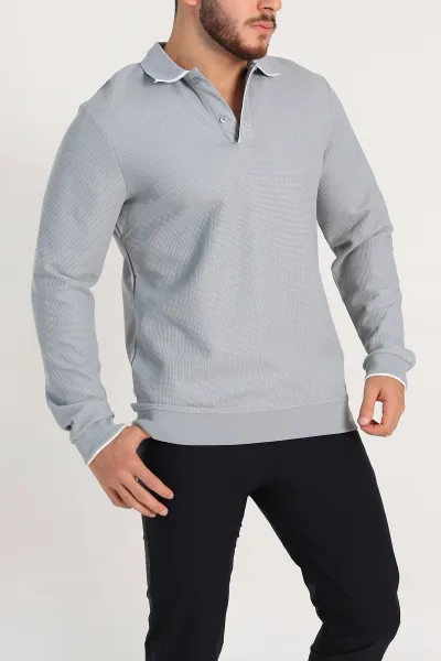 Gri Regular Fit Pike Dokulu Polo Yaka Sweatshirt 305447