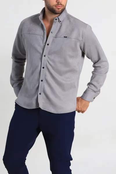 Gri Regular Fit Süet Çıt Çıt Düğmeli Erkek Gömlek 309302