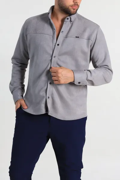 Gri Regular Fit Süet Çıt Çıt Düğmeli Erkek Gömlek 309302