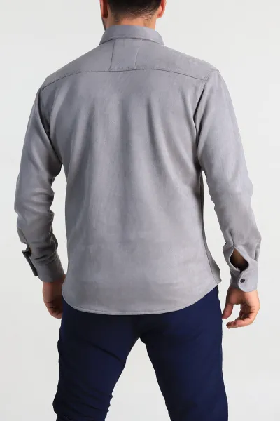 Gri Regular Fit Süet Çıt Çıt Düğmeli Erkek Gömlek 309302