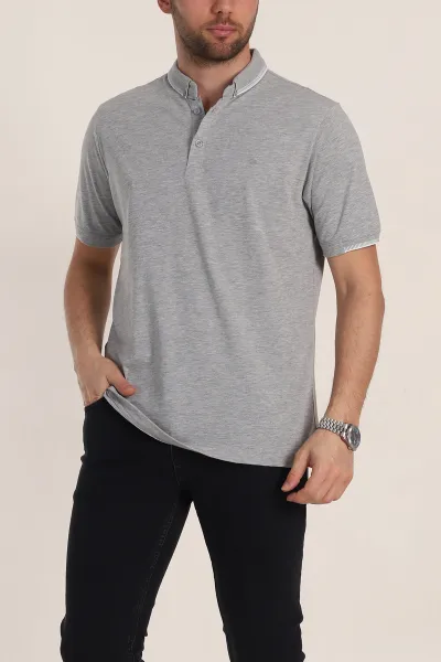 Gri Regular Fit Süprem Kumaş Kol Detaylı Polo Yaka Erkek Tişört 349939