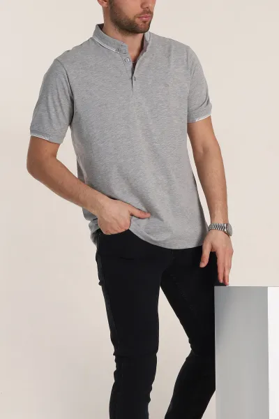 Gri Regular Fit Süprem Kumaş Kol Detaylı Polo Yaka Erkek Tişört 349939