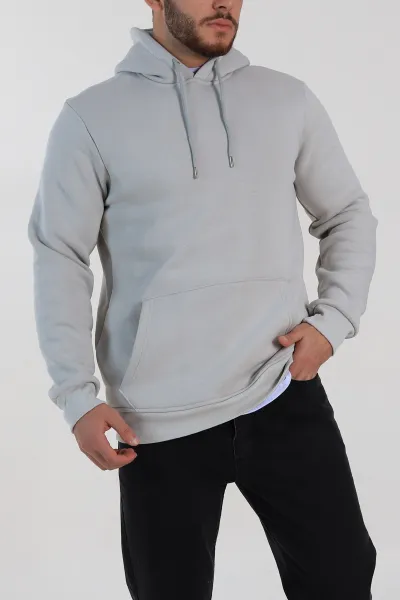 Gri Regular Fit Üç İp Şardonlu Erkek Kapüşonlu Basic Sweatshirt 400534
