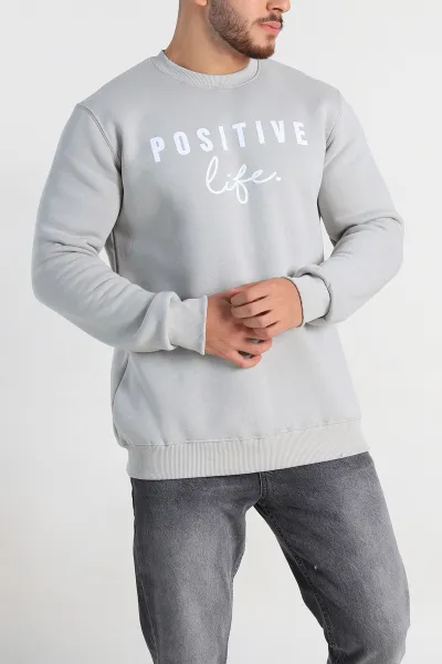 Gri Regular Fit Üç İp Şardonlu Yazı Detay Erkek Sweatshirt 308903