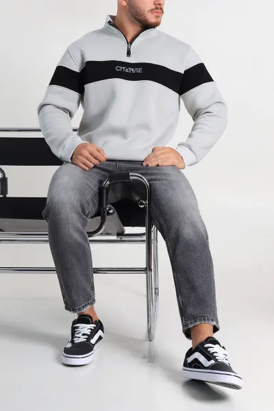 Gri Regular Fit Üç İp Şardonlu Yazı Detay Yarım Fermuarlı Erkek Sweatshirt 308896