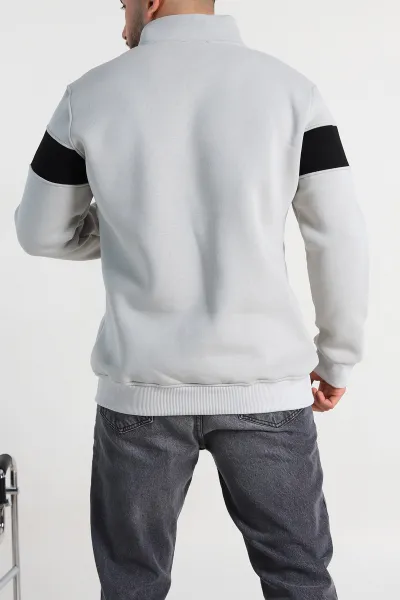 Gri Regular Fit Üç İp Şardonlu Yazı Detay Yarım Fermuarlı Erkek Sweatshirt 308896