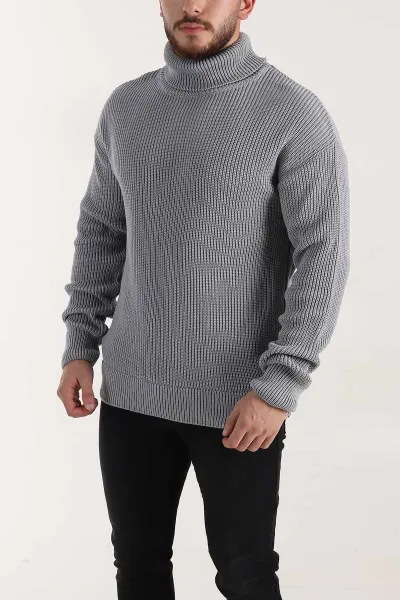 Gri Relaxed Fit Balıkçı Yaka Erkek Triko Kazak 397757