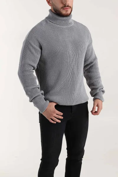 Gri Relaxed Fit Balıkçı Yaka Erkek Triko Kazak 397757