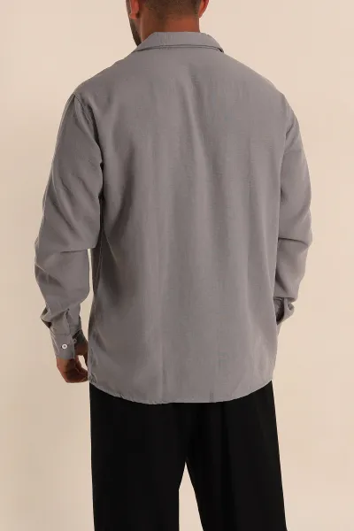 Gri Relaxed Fit Bambu Keten Apaş Yaka Erkek Gömlek 285493