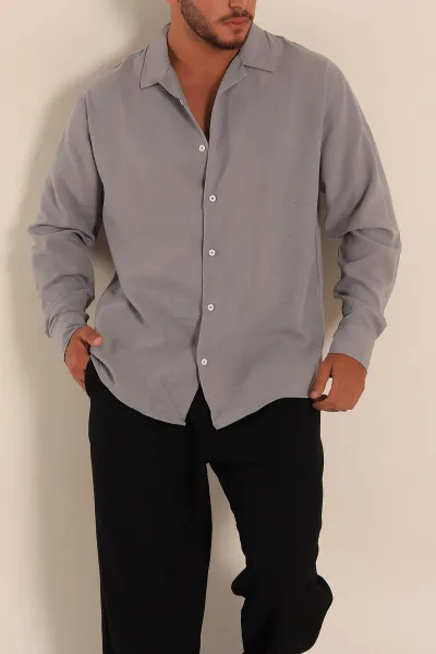 gri-relaxed-fit-bambu-keten-apas-yaka-erkek-gomlek-285493