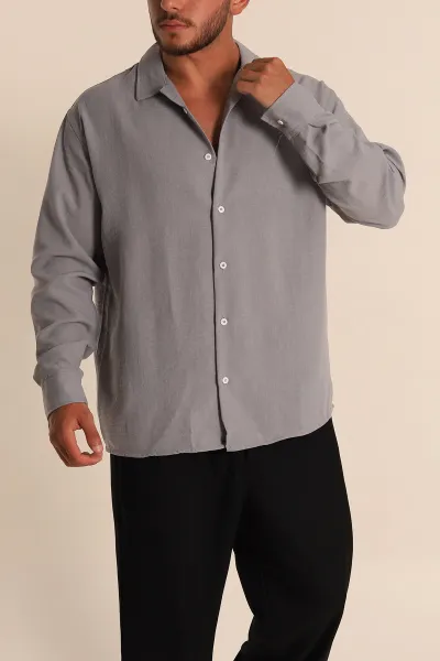 Gri Relaxed Fit Bambu Keten Apaş Yaka Erkek Gömlek 285493