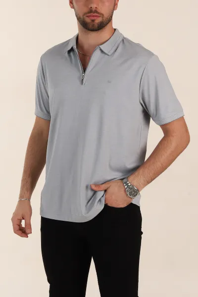 Gri Relaxed Fit Basic Fermuarlı Polo Yaka Erkek Tişört 359131