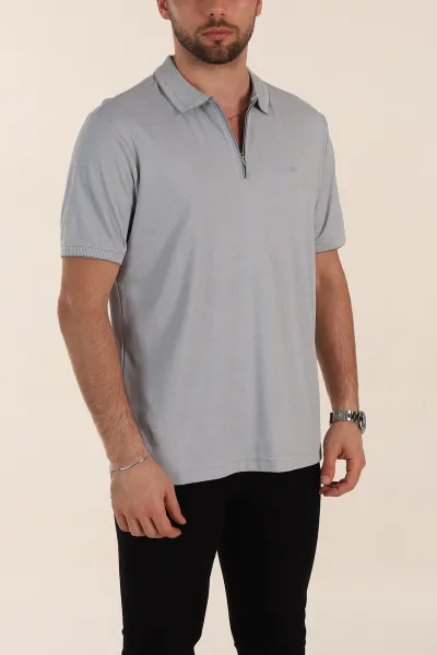 Gri Relaxed Fit Basic Fermuarlı Polo Yaka Erkek Tişört 359131