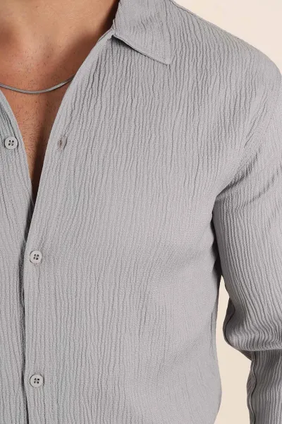 Gri Relaxed Fit Bürümcük Dokulu Uzun Kollu Erkek Gömlek 369323