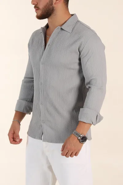 Gri Relaxed Fit Bürümcük Dokulu Uzun Kollu Erkek Gömlek 369323