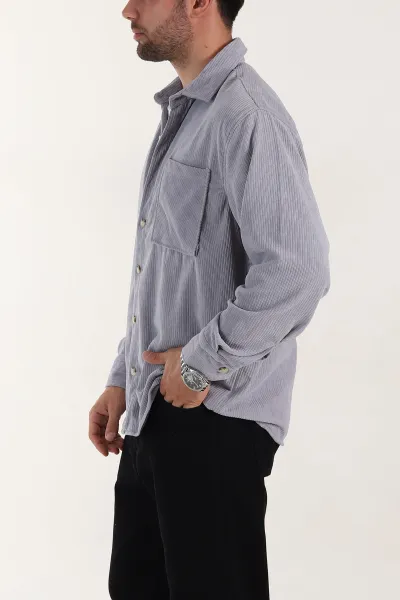 Gri Relaxed Fit Cep Detaylı Kalın Fitilli Kadife Erkek Gömlek 397932