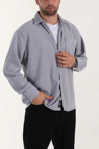 Gri Relaxed Fit Cep Detaylı Kalın Fitilli Kadife Erkek Gömlek 397932
