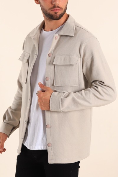 Gri Relaxed Fit Çift Cepli Çıt Çıt Düğmeli Uzun Kollu Erkek Gömlek 201336