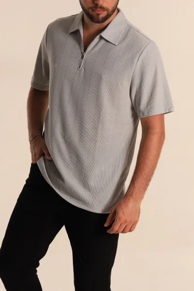 Gri Relaxed Fit Çizgi Dokulu Fermuarlı Polo Yaka Erkek Tişört 278930
