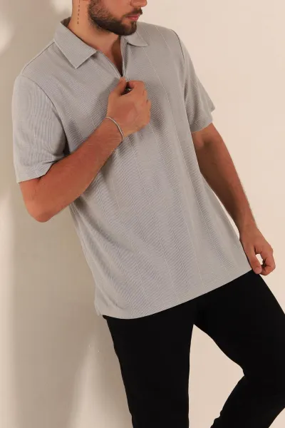 Gri Relaxed Fit Çizgi Dokulu Fermuarlı Polo Yaka Erkek Tişört 278930