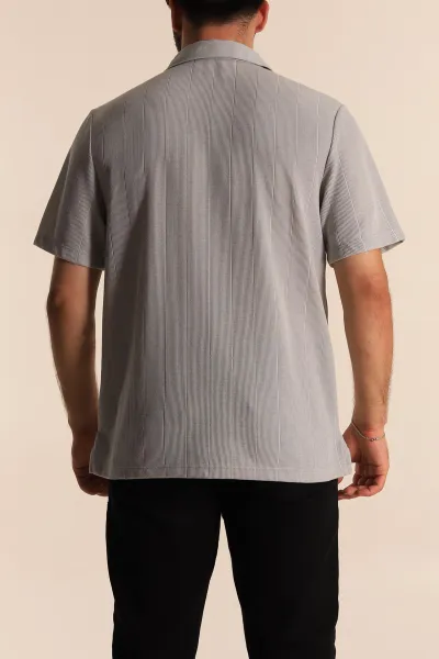 Gri Relaxed Fit Çizgi Dokulu Fermuarlı Polo Yaka Erkek Tişört 278930