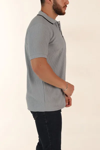 Gri Relaxed Fit Çizgili Fermuarlı Polo Yaka Erkek Tişört 370341