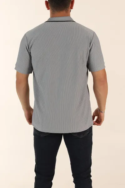 Gri Relaxed Fit Çizgili Fermuarlı Polo Yaka Erkek Tişört 370341