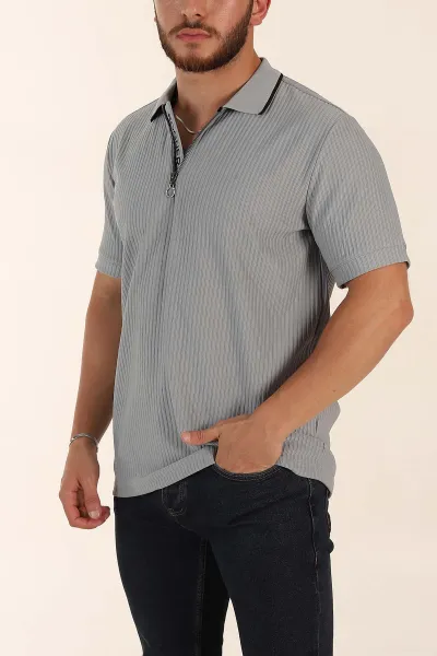 Gri Relaxed Fit Çizgili Fermuarlı Polo Yaka Erkek Tişört 370341