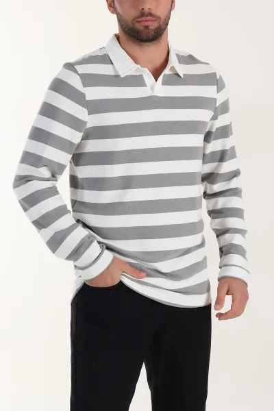 Gri Relaxed Fit Çizgili Jakarlı Kumaş Erkek Triko Sweatshirt 399593