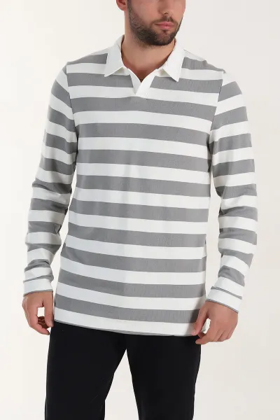 Gri Relaxed Fit Çizgili Jakarlı Kumaş Erkek Triko Sweatshirt 399593