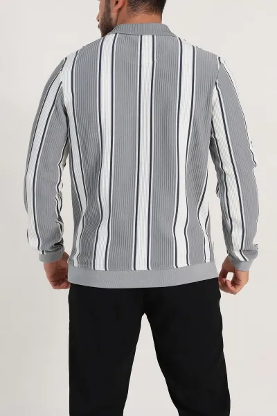 Gri Relaxed Fit Çizgili Polo Yaka Uzun Kollu Erkek Sweatshirt 300890