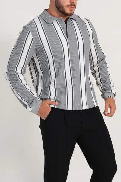 Gri Relaxed Fit Çizgili Polo Yaka Uzun Kollu Erkek Sweatshirt 300890