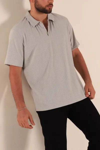 Gri Relaxed Fit Desenli Polo Yaka Erkek Tişört 279209
