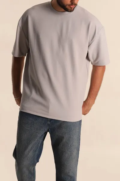 Gri Relaxed Fit Dokulu Basic Erkek Tişört 278886